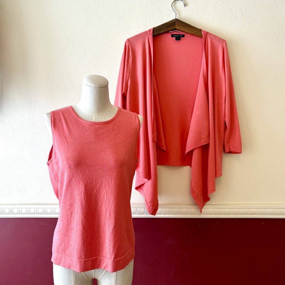 August Silk Twin Set Cardigan Tank‎ Women's L Silk Blend Drape Front Salmon Pink